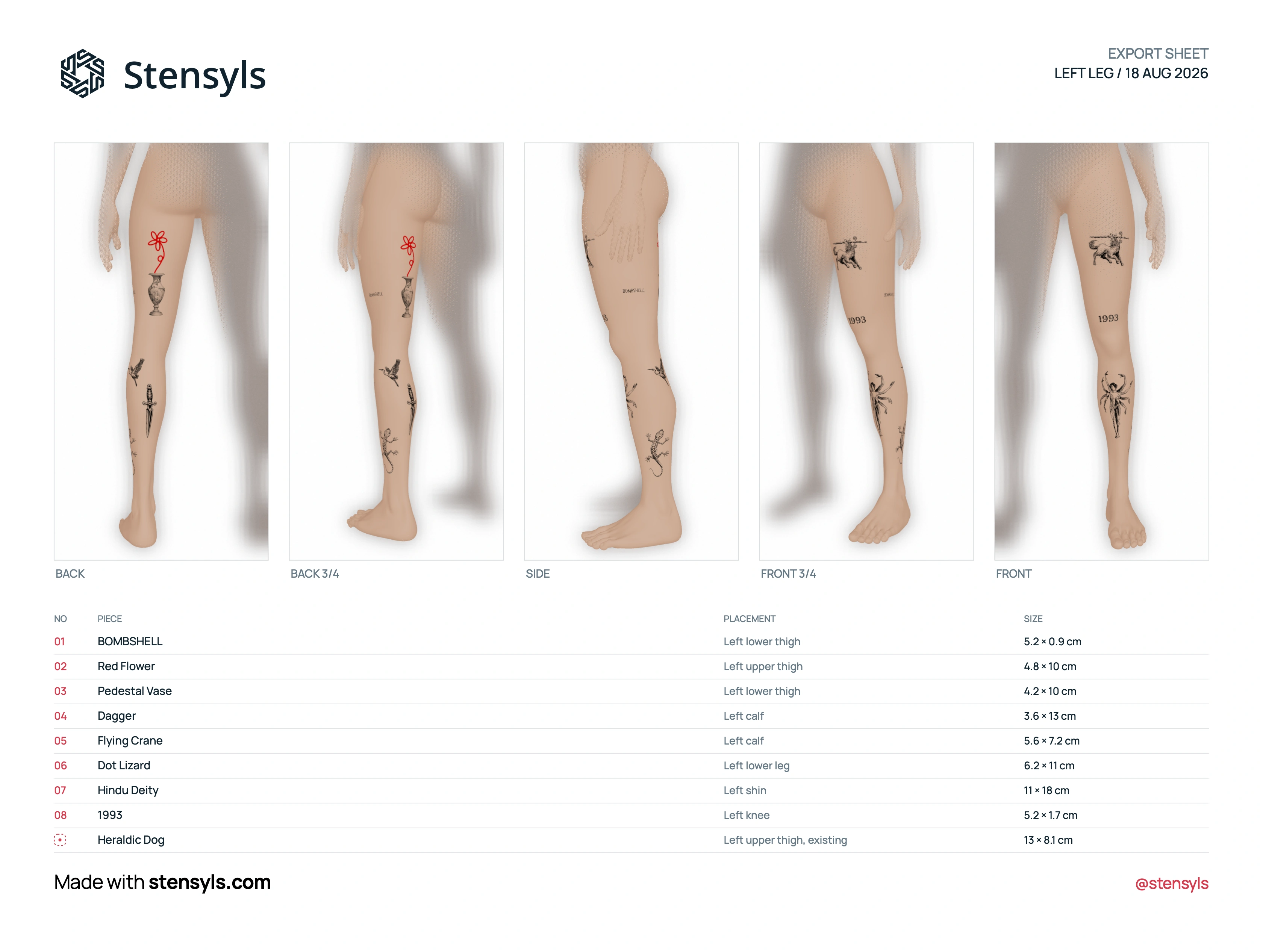 Stensyls left-leg Export Sheet showing the placement from back, three-quarter, side and front views