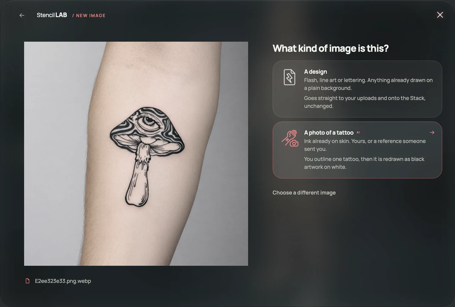 Stencil LAB asking what kind of image this is, with a design option and a photo of a tattoo option.