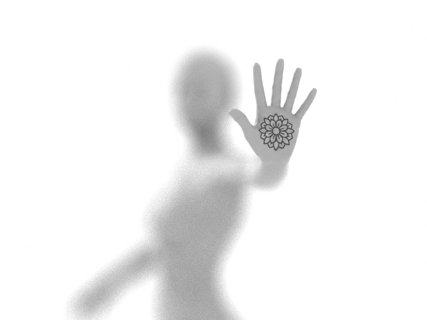 A softly rendered manikin holds up a palm with a floral tattoo placement.